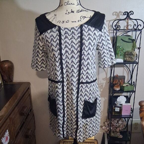 Anthropologie Postmark Black and White Chevron Dress with Pockets Size Large - Picture 1 of 9